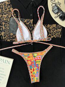 SHEIN Swim Summer Beach Fruit Print Triangle Thong Bikini Set - Multicolor - View 2