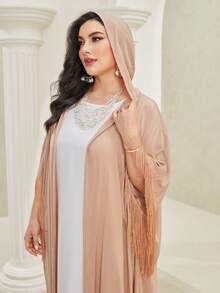 Al Najma Plus Fringe Trim Batwing Sleeve Abaya - Pink - View 7
