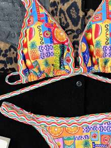 SHEIN Swim Summer Beach Fruit Print Triangle Thong Bikini Set - Multicolor - View 3