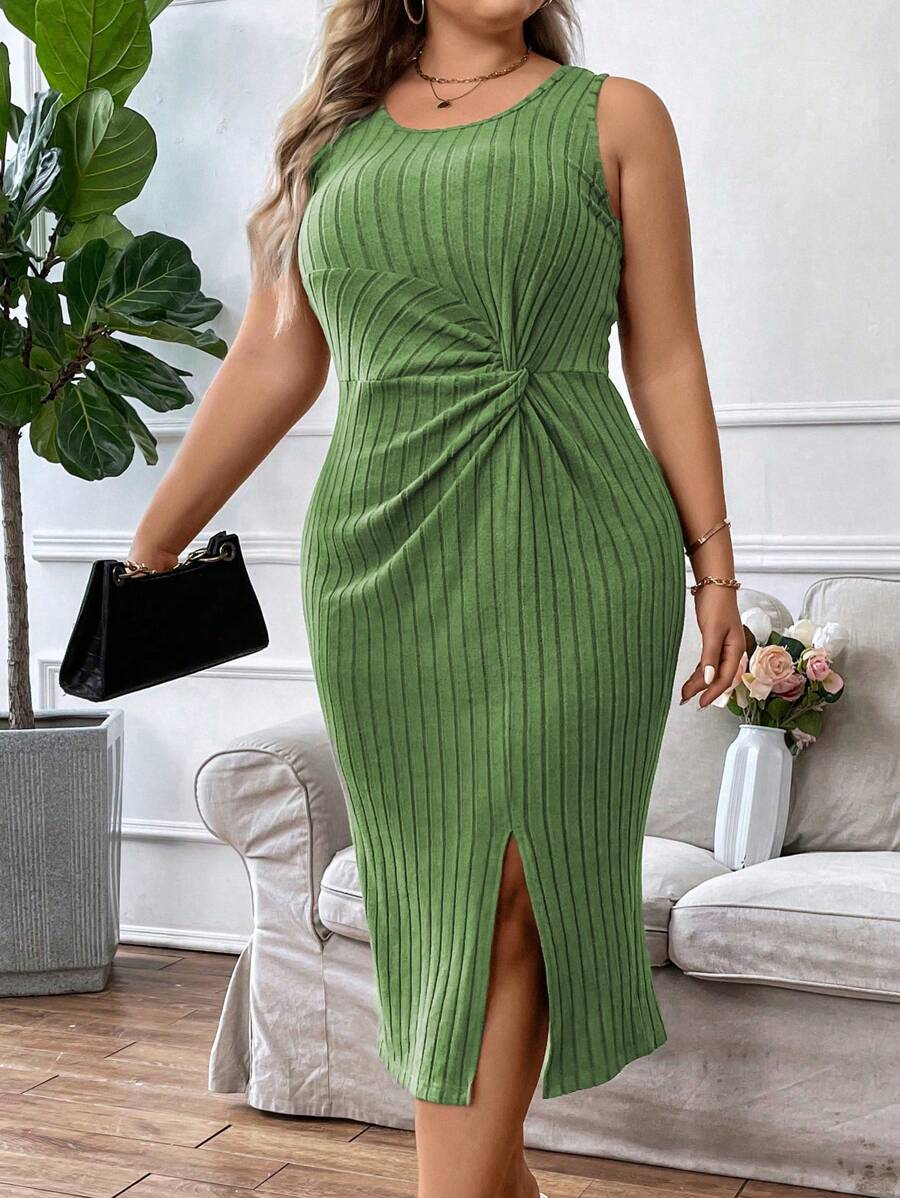 Calvaya Plus Twist Front Split Thigh Dress - Green - View 1