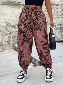 SHEIN Coolane 大碼紮染腰部抽繩長褲 - 藕粉色 - 查看 1