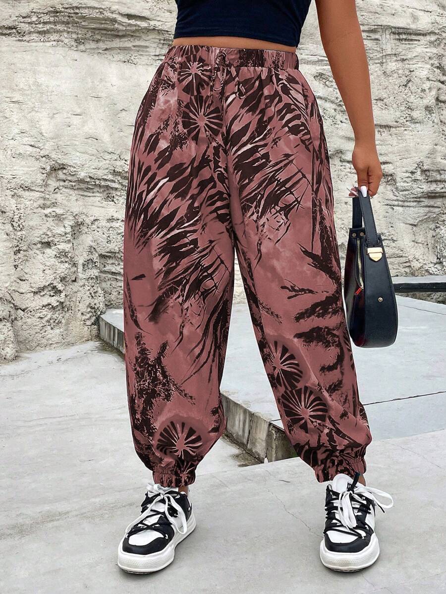 SHEIN Coolane 大碼紮染腰部抽繩長褲 - 藕粉色 - 查看 1