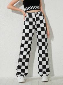 Teen Girl Checker Print Jeans - Black and White - View 1