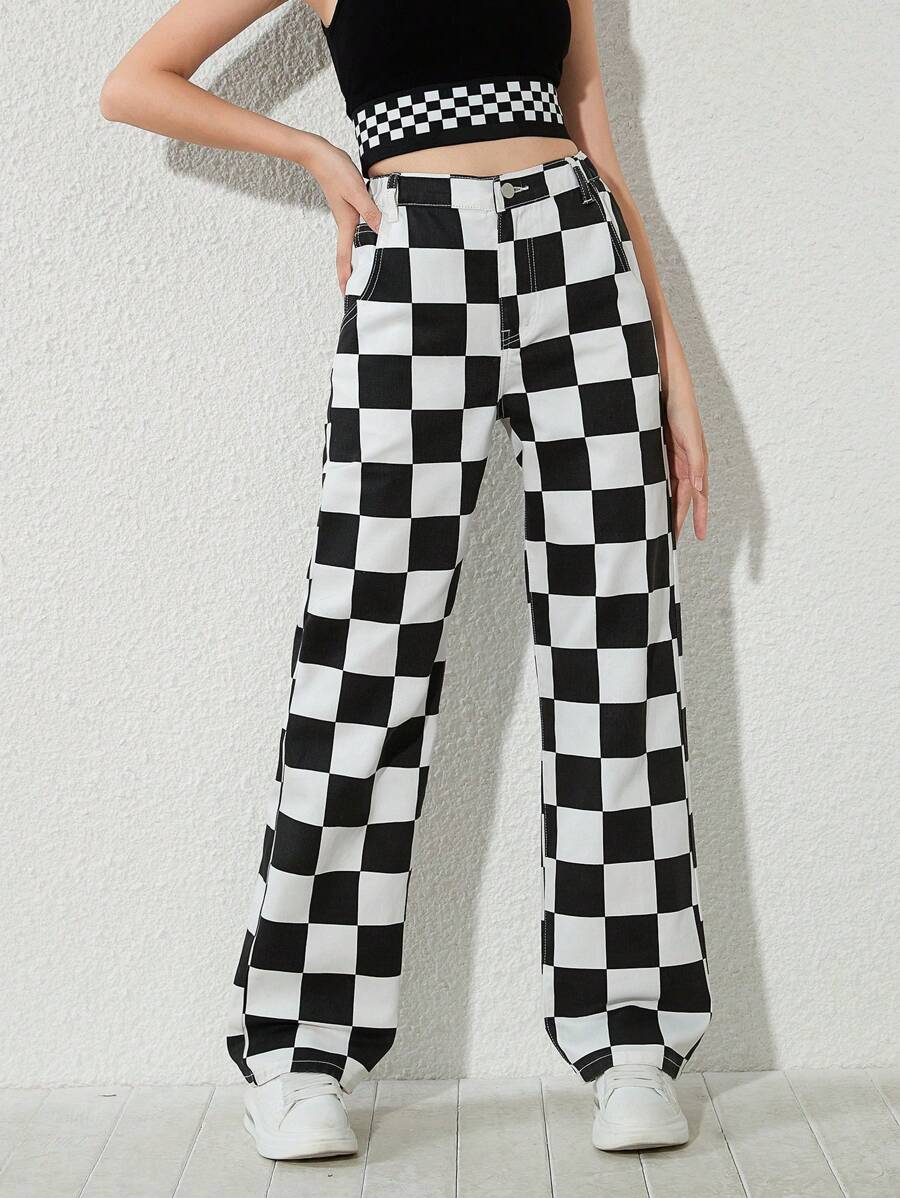 Teen Girl Checker Print Jeans - Black and White - View 1