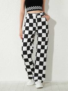 Teen Girl Checker Print Jeans - Black and White - View 3