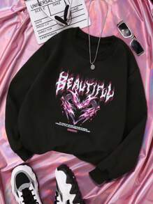 SHEIN Tween Girl 1pc Letter Graphic Pullover - Black - View 1