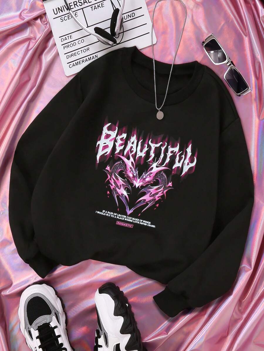 SHEIN Tween Girl 1pc Letter Graphic Pullover - Black - View 1