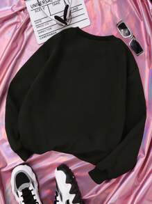 SHEIN Tween Girl 1pc Letter Graphic Pullover - Black - View 2