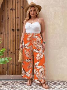 SHEIN LUNE Plus Tropical Print Wide Leg Pants - Orange - View 3