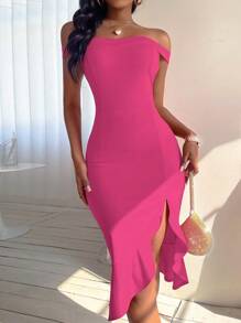 Allurite 一字肩高衩荷葉邊連衣裙 - 玫紅色 - 查看 1