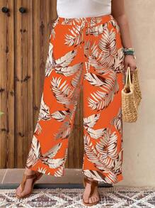 SHEIN LUNE Plus Tropical Print Wide Leg Pants - Orange - View 6