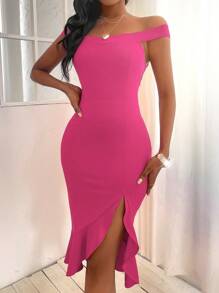 Allurite 一字肩高衩荷葉邊連衣裙 - 玫紅色 - 查看 4