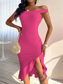 Allurite 一字肩高衩荷葉邊連衣裙 - 玫紅色 - 查看 6