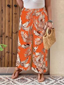 SHEIN LUNE Plus Tropical Print Wide Leg Pants - Orange - View 8
