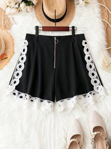Calvaya Plus Guipure Lace Trim Zip Fly Shorts - Black - View 1