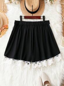 Calvaya Plus Guipure Lace Trim Zip Fly Shorts - Black - View 2