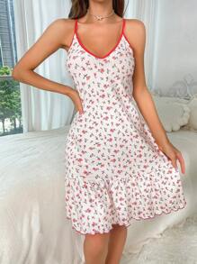 碎花荷葉邊吊帶睡裙 - 紅色 - 查看 5