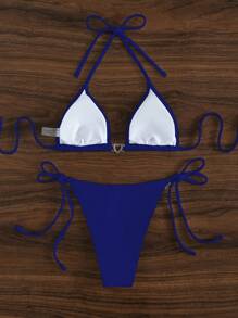 SHEIN Swim Pha lê Vòng trái tim Dây Tam giác Cà vạt Bộ đồ bơi Bikini - Xanh đậm - Xem 2