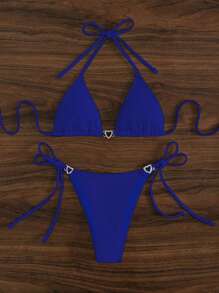 SHEIN Swim Pha lê Vòng trái tim Dây Tam giác Cà vạt Bộ đồ bơi Bikini - Xanh đậm - Xem 3