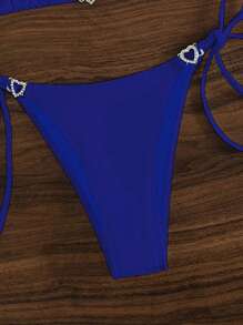 SHEIN Swim Pha lê Vòng trái tim Dây Tam giác Cà vạt Bộ đồ bơi Bikini - Xanh đậm - Xem 6