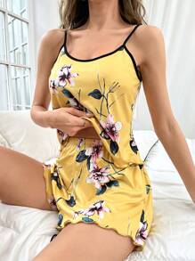 印花撞色滾邊木耳邊睡衣套裝 - 黃色 - 查看 1