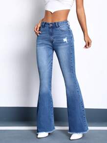 SHEIN ICON Rách Raw Hem Quần ống loe - Rửa trung bình - Xem 1