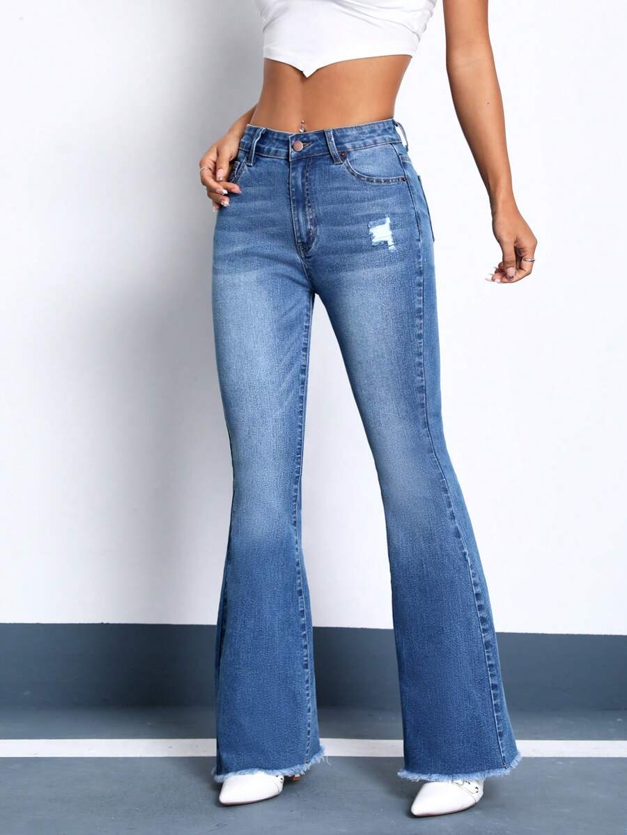 SHEIN ICON Rách Raw Hem Quần ống loe - Rửa trung bình - Xem 1