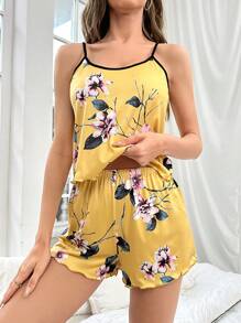 印花撞色滾邊木耳邊睡衣套裝 - 黃色 - 查看 4