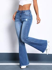 SHEIN ICON Rách Raw Hem Quần ống loe - Rửa trung bình - Xem 6