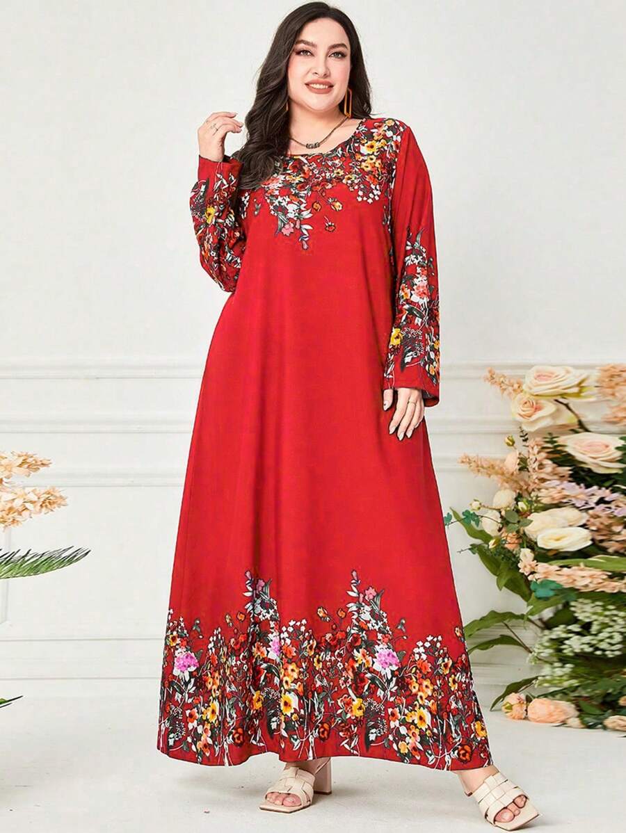 Seusyu 加大花卉印花束腰朴素长袖连衣裙 - 紅色 - 查看 1