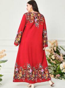 Seusyu 加大花卉印花束腰朴素长袖连衣裙 - 紅色 - 查看 2