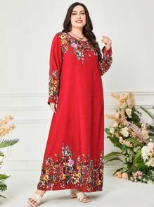 Seusyu 加大花卉印花束腰朴素长袖连衣裙 - 紅色 - 查看 5