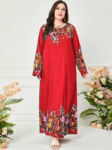 Seusyu 加大花卉印花束腰朴素长袖连衣裙 - 紅色 - 查看 6