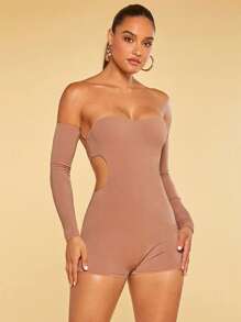 SHEIN BAE Off Shoulder Cut Out Waist Unitard Romper - Dusty Pink - View 4