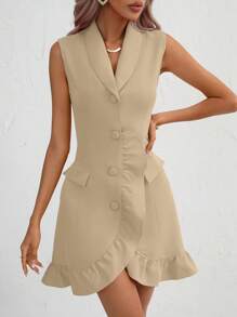 SHEIN Privé Khăn quàng Viền Ruffle Nút phía trước Đầm - Màu be - Xem 3