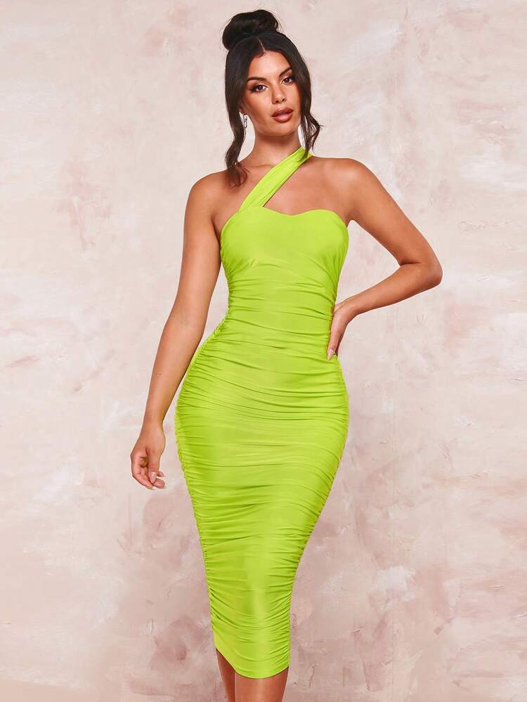 shein one shoulder ruched bodycon dress SHEIN BAE One Shoulder Ruched Bodycon Dress