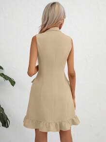 SHEIN Privé Khăn quàng Viền Ruffle Nút phía trước Đầm - Màu be - Xem 6