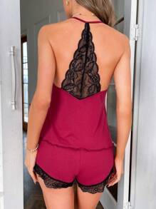 Contrast Lace Halter Neck PJ Set / Pajama Set - Burgundy - View 5