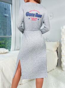 Đồ họa Chữ cái Thắt lưng Đồ đan Ribbed Bọc Trường bào mặc nhà - Xám - Xem 1