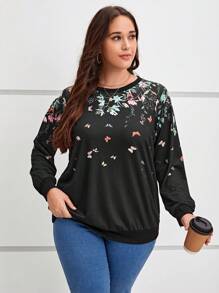 SHEIN LUNE Plus Floral Print Sweatshirt - Black - View 1