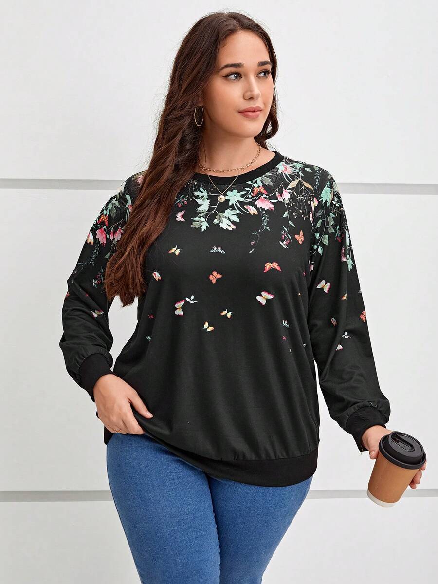 SHEIN LUNE Plus Floral Print Sweatshirt - Black - View 1