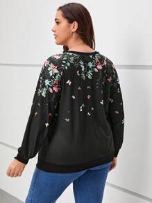 SHEIN LUNE Plus Floral Print Sweatshirt - Black - View 2