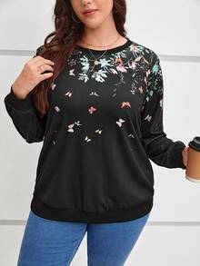 SHEIN LUNE Plus Floral Print Sweatshirt - Black - View 3