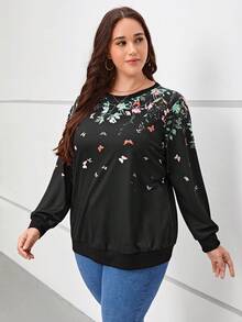 SHEIN LUNE Plus Floral Print Sweatshirt - Black - View 4