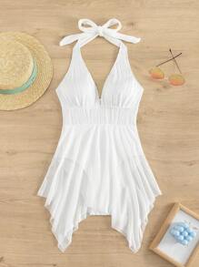 SHEIN Swim Summer Beach Solid Halter One Piece Swimsuit - White - View 1