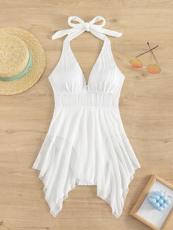 SHEIN Swim Summer Beach Solid Halter One Piece Swimsuit