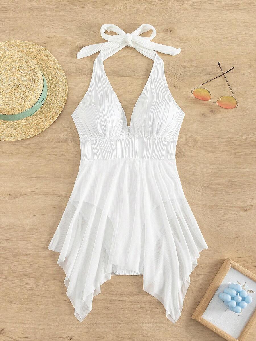 SHEIN Swim Summer Beach Solid Halter One Piece Swimsuit - White - View 1