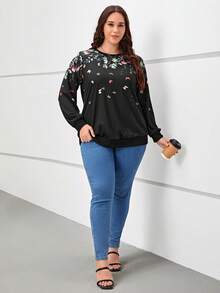 SHEIN LUNE Plus Floral Print Sweatshirt - Black - View 6