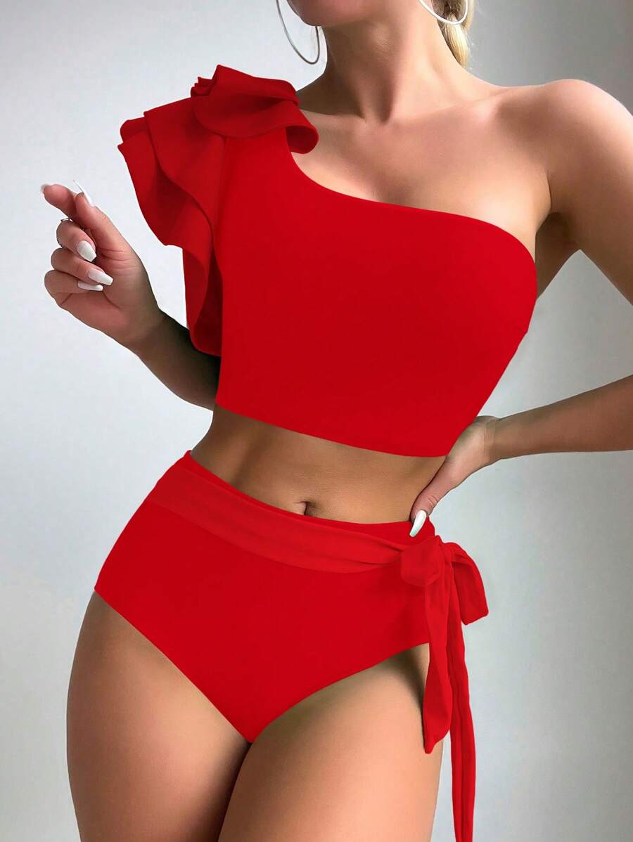 SHEIN Swim Summer Beach Ruffle Trim One Shoulder High Waisted Bikini - Red - View 1