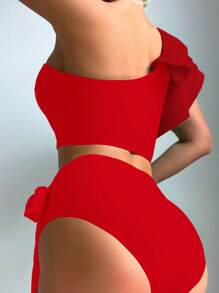 SHEIN Swim Summer Beach Ruffle Trim One Shoulder High Waisted Bikini - Red - View 2